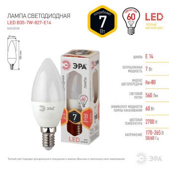 Лампа светодиодная ЭРА E14 7W 2700K матовая LED B35-7W-827-E14