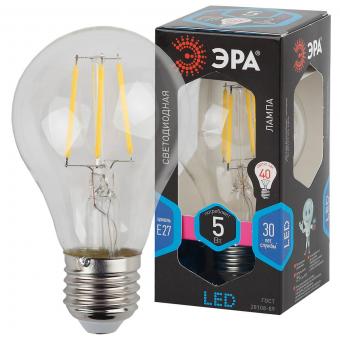 Лампа светодиодная филаментная ЭРА E27 5W 4000K прозрачная F-LED A60-5W-840-E27