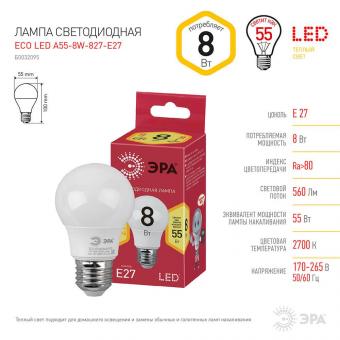 Лампа светодиодная ЭРА E27 8W 2700K матовая ECO LED A55-8W-827-E27