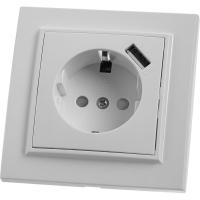 Розетка 1-местная с/з Stekker, PST16-9011-01, 250В, 16А с защитной шторкой и с USB Эрна, белый 39051