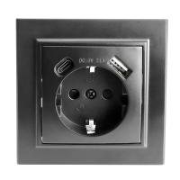 Розетка 1-местная с/з Stekker, PST16-9016-03, 250В, 16А с USB+ type C Эрна, черный 50078