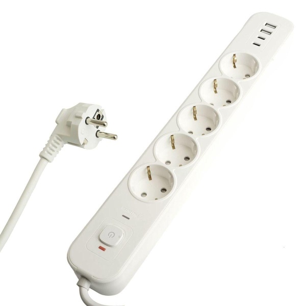 Сетевой фильтр 5-местный с/з Stekker3x1мм2, 1,8 м, 250В, 16А, 2 USB-A+2 Type-C, серия Nova, белый 50102