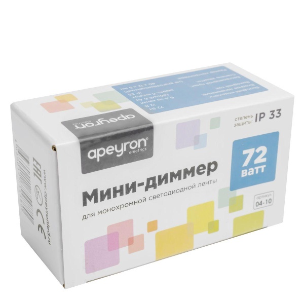 Мини-диммер для монохромной светодиодной ленты Apeyron с пультом 12/24V 04-10 Мини-диммер для монохромной светодиодной ленты Apeyron с пультом 12/24V 04-10