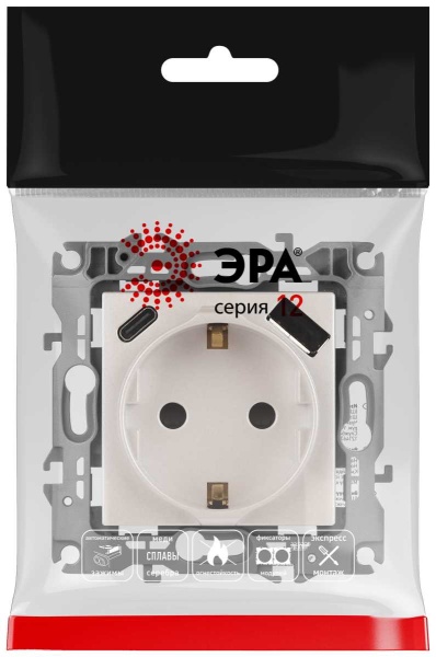 Розетка ЭРА Серия 12 12-4108-15 2P+E 16A-250В со шторками с USB type-A+C 5В-3А перламутр Б0067767