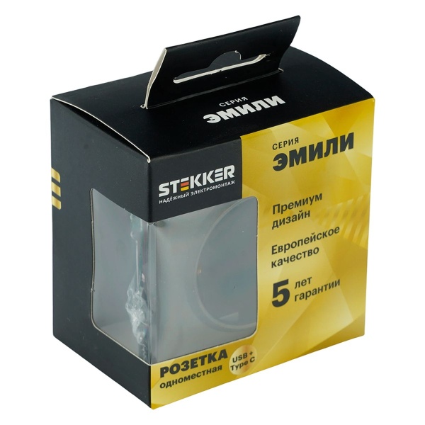 Розетка 1-местная з/ш с/з 16А + USB + Type C (механизм), Stekker, 250В, 20W Эмили, RST16-5119-09, антрацит, soft touch 50361