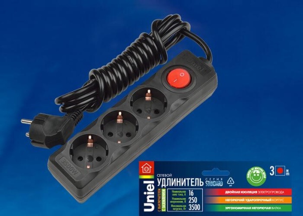 Удлинитель Uniel 2гн х 3м с/з Standard S-GCD3-3B Black UL-00003608 Удлинитель Uniel 2гн х 3м с/з Standard S-GCD3-3B Black UL-00003608