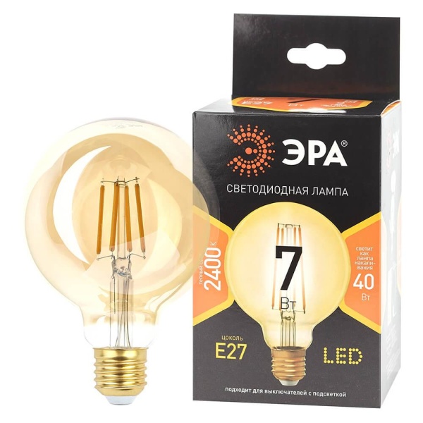 Лампа светодиодная филаментная ЭРА E27 7W 2400K прозрачная F-LED G95-7W-824-E27 gold Б0047662
