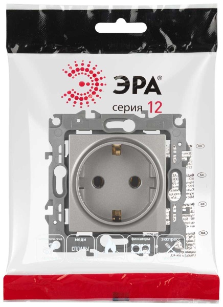 Розетка ЭРА Серия 12 12-2101-16 2P+E Schuko 16А-250В титан Б0065662