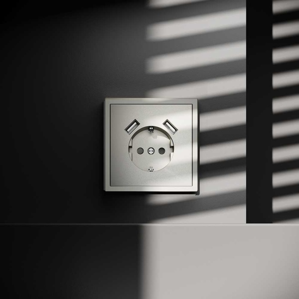 Розетка встраиваемая Voltum S70 с заземлением и защитными шторками, 16А, с USB, A+A, (шелк) VLS040404