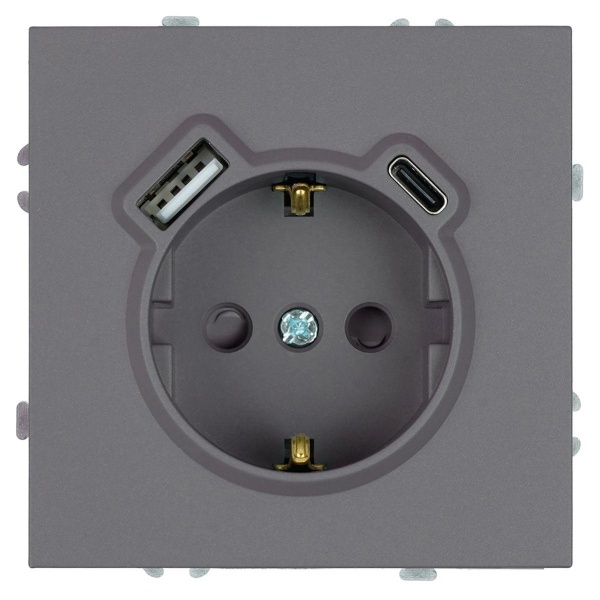 Розетка 1-местная з/ш с/з 16А + USB + Type C (механизм), Stekker, 250В, 20W Эмили, платиново-серый, soft-touch, RST16-5119-10 50219