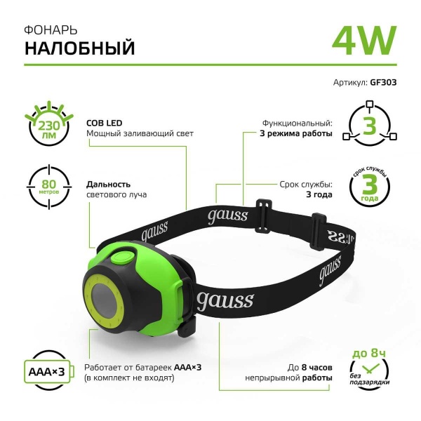Налобный светодиодный фонарь Gauss от батареек 65х54 180 лм GF303