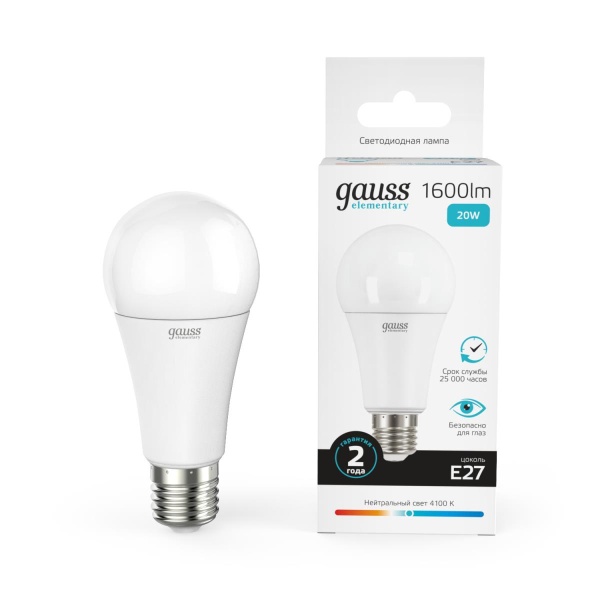 Лампа светодиодная Gauss E27 20W 4100K матовая 23229