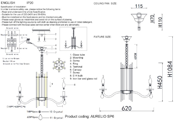 Подвесная люстра Crystal Lux AURELIO SP6 GOLD+CHROME/TRANSPARENT