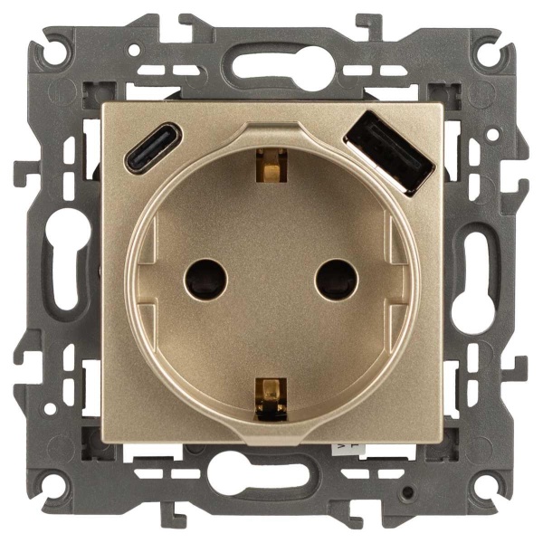 Розетка ЭРА Elegance 14-4108-04 2P+E 16A-250В со шторками с USB type-A+C 5В-3А шампань Б0067740