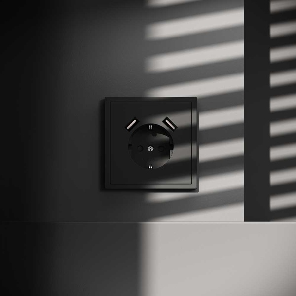 Розетка встраиваемая Voltum S70 с заземлением и защитными шторками, 16А, с USB, A+A, (черный матовый VLS040408