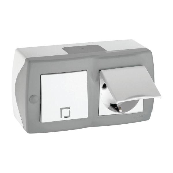 Выключатель - розетка Mono Electric Octans IP20 одноклавишный - 2К+З с крышкой бело-серый 104-020001-183 Выключатель - розетка Mono Electric Octans IP20 одноклавишный - 2К+З с крышкой бело-серый 104-020001-183