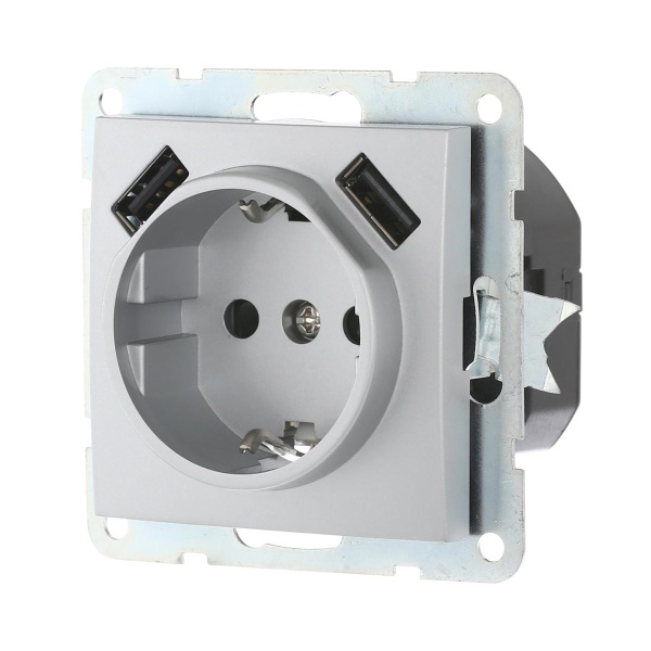 Розетка LK Studio с з/к + 2хUSB разъема, 2А (серебристый металлик) LK60 868003-1