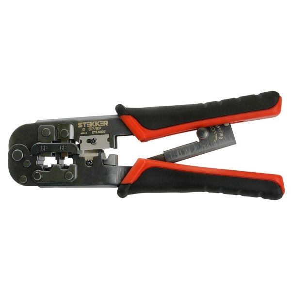 Кримпер Stekker CTLS007 для обжима RJ разъемов RJ-45 (8P8C), RJ-12 (6P6C) и RJ-11 (6P4C и 6P2C), черный, красный 49613