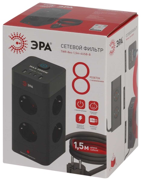 Сетевой фильтр ЭРА TWR-8es-1,5m-4USB-B башня с защитой заземлением с выключателем 8 розеток+4xUSBA+C 1,5м 16А черный Б0069072