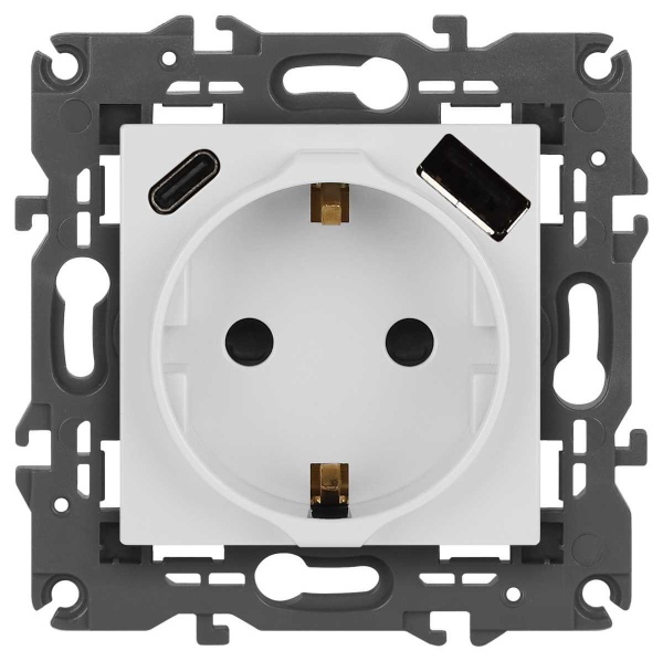Розетка ЭРА Elegance 14-4108-01 2P+E 16A-250В со шторками с USB type-A+C 5В-3А белый Б0067736