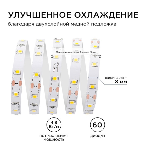 Светодиодная лента Apeyron 4,8W/m 60LED/m 3528SMD теплый белый 5M 00-03
