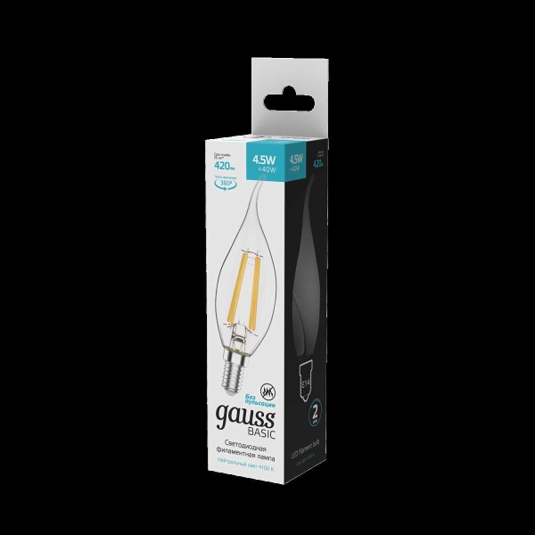 Лампа светодиодная филаментная Gauss E14 4,5W 4100К прозрачная 1041125