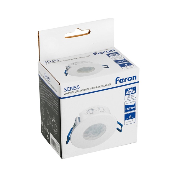 Датчик движения и освещенности 1200W 8m 120°(гориз.) 360°(верт.) Feron SEN55 51519