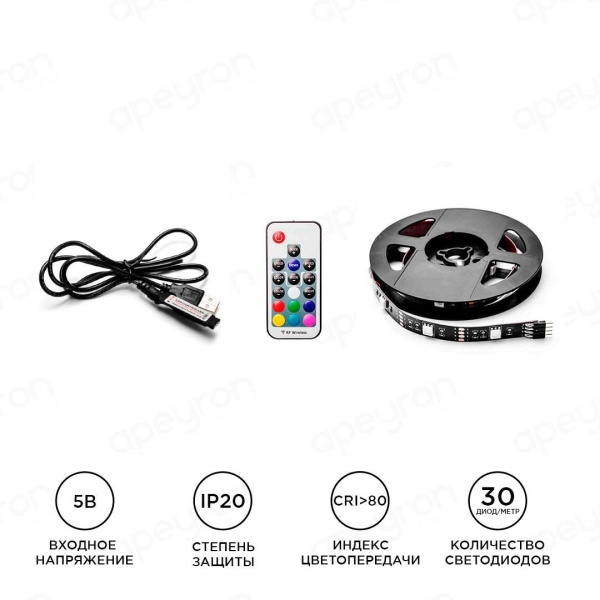 Светодиодная лента Apeyron 7,2W/m 30LED/m 5050SMD разноцветная 1M 10-69