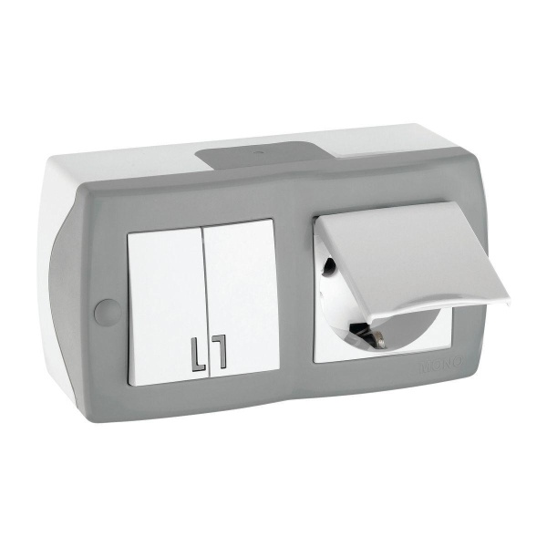 Выключатель - розетка Mono Electric Octans IP20 двухклавишный - 2К+З с крышкой бело-серый 104-020001-187 Выключатель - розетка Mono Electric Octans IP20 двухклавишный - 2К+З с крышкой бело-серый 104-020001-187