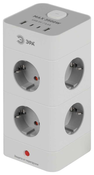 Сетевой фильтр ЭРА TWR-8es-1,5m-4USB-W башня с защитой заземлением с выключателем 8 розеток+4xUSBA+C 1,5м 16А белый Б0069071