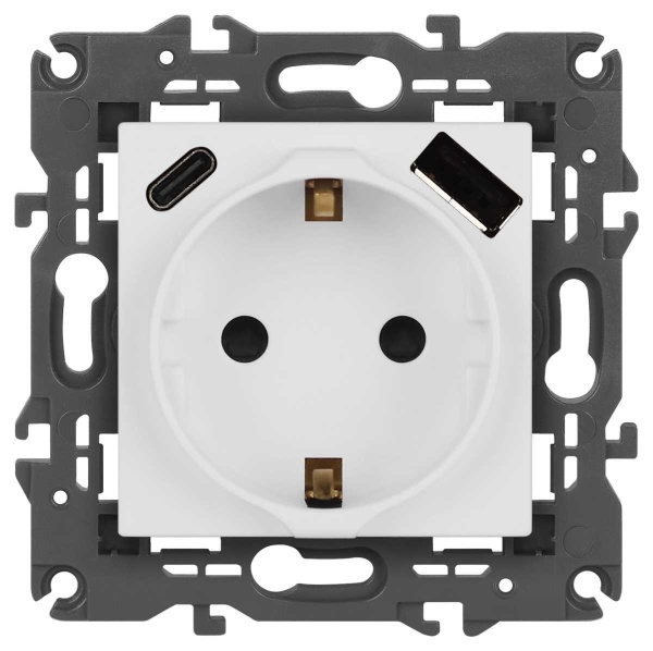 Розетка ЭРА Elegance 14-4108-01М 2P+E 16A-250В со шторками с USB type-A+C 5В-3А белый матовый Б0067710