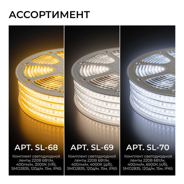 Комплект светодиодной влагозащищенной ленты OGM 6W/m 120LED/m 2835SMD холодный белый 15M SL-70