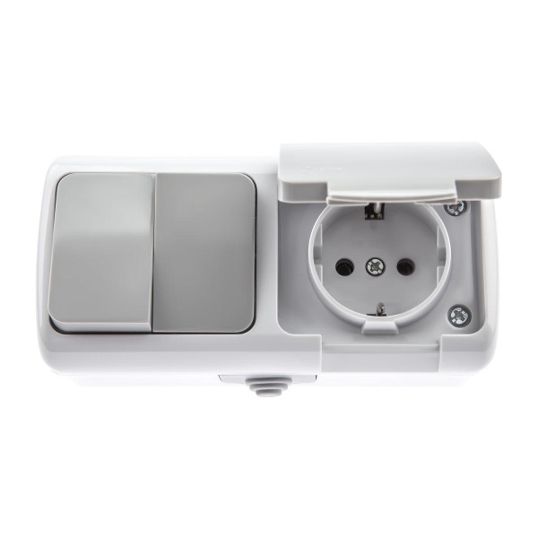 Блок розетка-выключатель двухклавишный ЭРА Intro Atlantic IP54 16/10A 250V с крышкой 5-702-03 Б0050948 Блок розетка-выключатель двухклавишный ЭРА Intro Atlantic IP54 16/10A 250V с крышкой 5-702-03 Б0050948