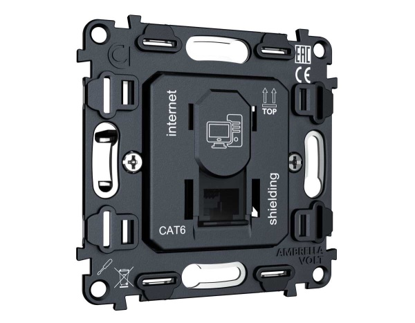 Механизм компьютерной розетки RJ-45 (8P8C) CAT6A экранированной с автоматической защитной шторкой QUANT VM185