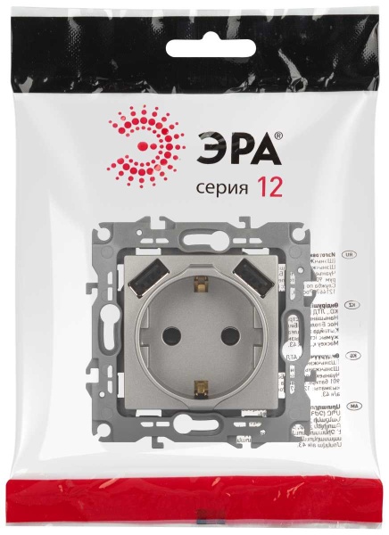 Розетка ЭРА Серия 12 12-4109-16 2P+E 16A-250В шторками с 2xUSB 5В-3А титан Б0065729