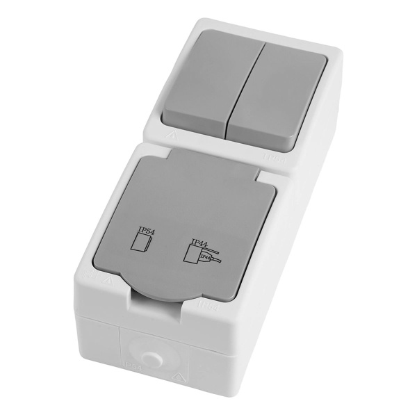 Блок: розетка 1-местная с/з + выключатель 2-клавишный STEKKER, PST16-21-54V/10-221-54, белый/серый 49739