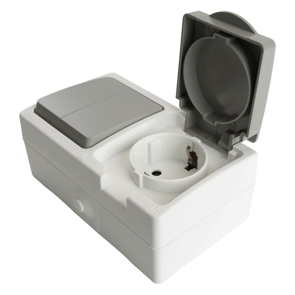 Блок: розетка 1-местная с/з + выключатель 2-клавишный STEKKER, PST16-21-54/10-221-54, белый/серый 49729