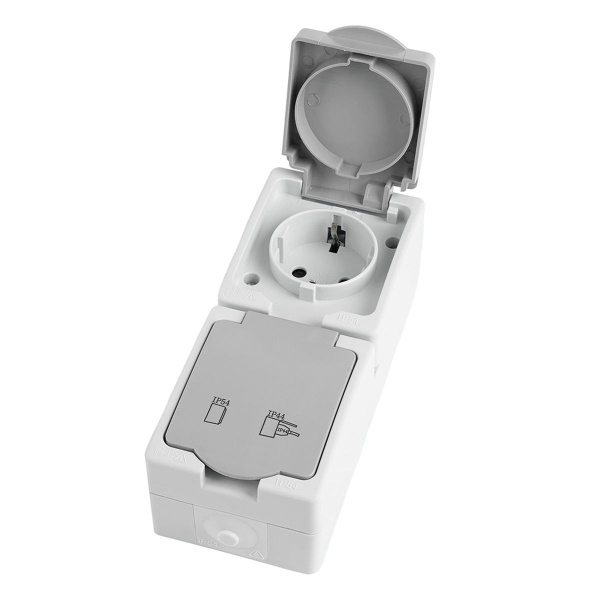 Розетка 2-местная с крышкой с/з STEKKER PST16-22-54V, пластик АВS, 250В, 16А, IP54,  белый/серый 49737