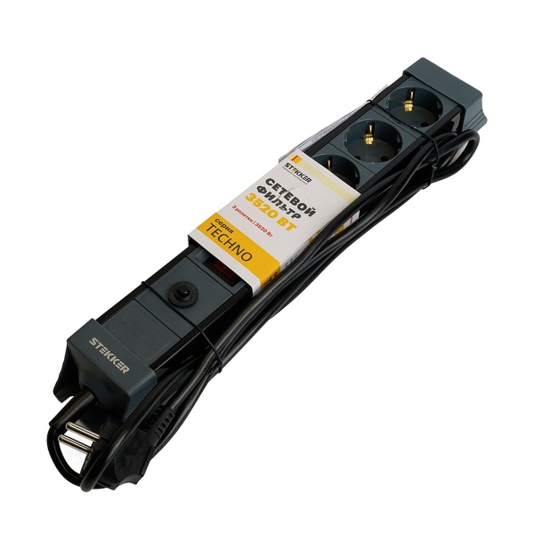 Сетевой фильтр 3-местный с/з Stekker 3x1мм2, 5 м, 250В, 16А Techno, HM22-31-05, черный 50155