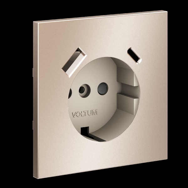 Накладка для розетки с заземлением и защитными шторками, с USB A+C, S70 Metal (платина) Voltum VLSM001010