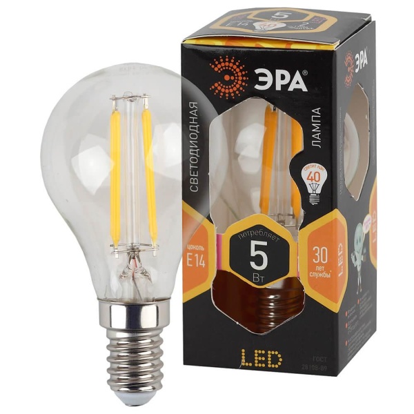 Лампа светодиодная филаментная ЭРА E14 5W 2700K прозрачная F-LED P45-5W-827-E14 Б0019006