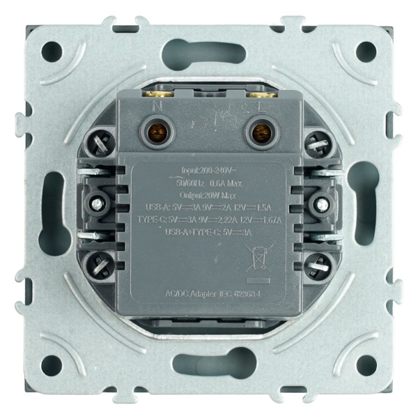 Розетка 2-местная USB + Type C (механизм), Stekker, 250В, 20W Эмили, RST10-5115-09, антрацит, soft touch 49931