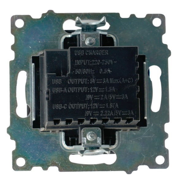 Розетка 2-местная USB + type C (механизм), STEKKER GLS10-7116-05, 250B, 3А, серия Катрин, черный 50055