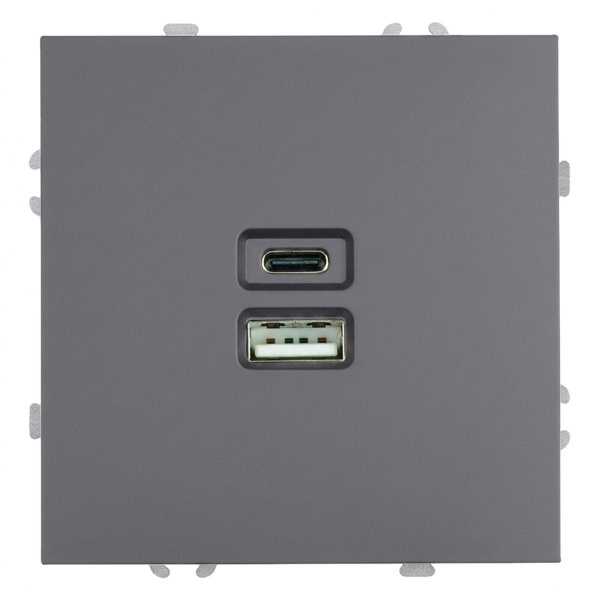 Розетка 2-местная USB + Type C (механизм), STEKKER, 250В, 20W, серия Эмили, RST10-5115-10, платиново-серый, soft touch 49957