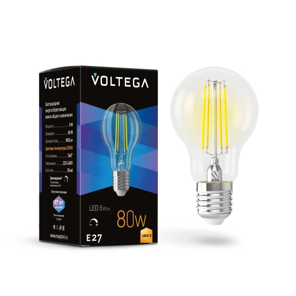 Лампа светодиодная диммируемая Voltega E27 8W 3000K прозрачная 7229