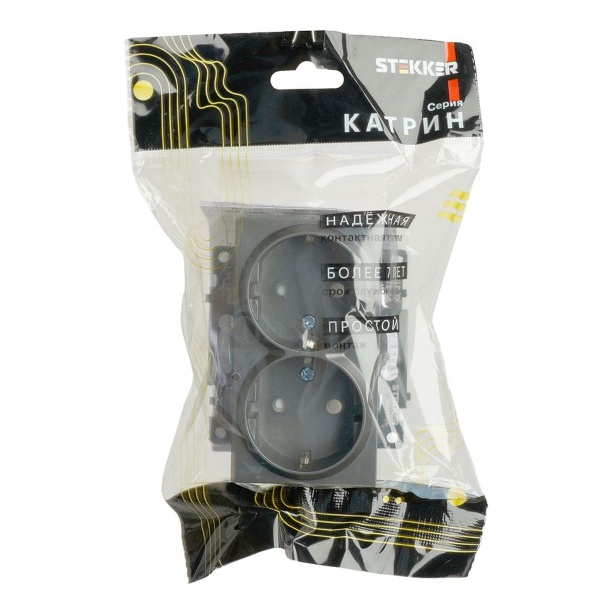 Розетка двойная 2P+PE Stekker Катрин со шторками графит GLS16-7114-06 49425