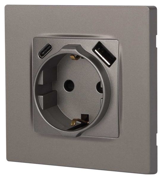 Розетка ЭРА Серия 12 12-4108-16 2P+E 16A-250В со шторками с USB type-A+C 5В-3А титан Б0067762