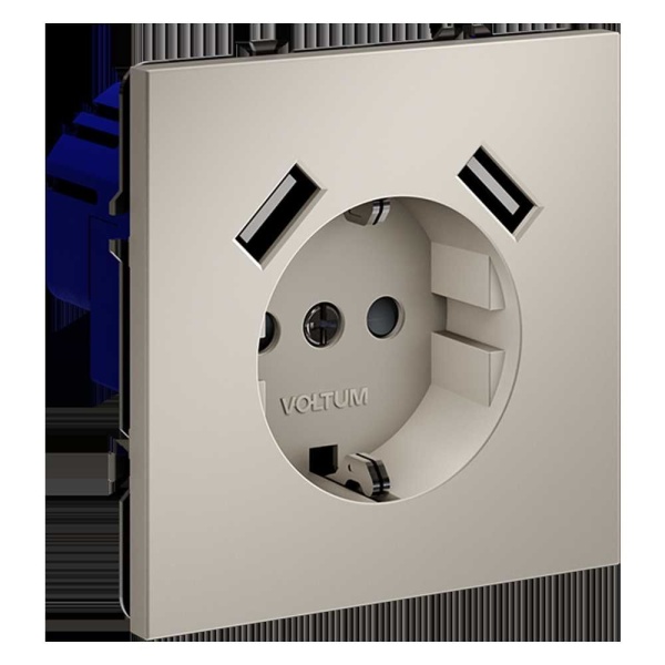 Розетка встраиваемая Voltum S70 с заземлением и защитными шторками, 16А, с USB, A+A, (кашемир) VLS040403