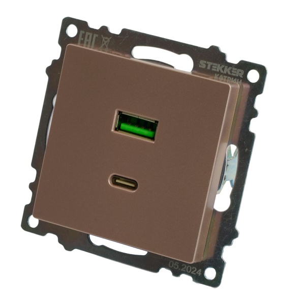 Розетка 2-местная USB + type C (механизм), STEKKER GLS10-7116-02, 250B, 3A, max 20W, серия Катрин, шампань 50056