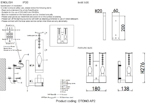 Бра Crystal Lux OTONO AP2 BLACK CHROMIUM/TRANSPARENTE